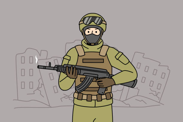 Soldier with weapon in ruined city Male soldier in uniform hold rifle stand on city ruins. Serviceman in helmet with weapon in hands protect country from war and invasion. Vector illustration. drawing of the destroyed city stock illustrations