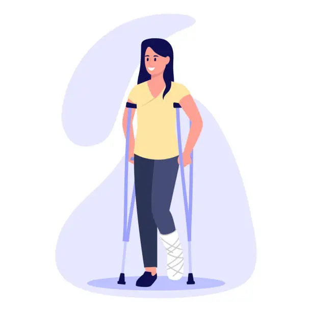 Vector illustration of Vector illustration of broken leg. Cartoon scene with a girl who stands on crutches through a broken leg on white background.