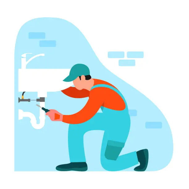 Vector illustration of Vector illustration of plumber. Cartoon scene with plumber who repairs the sink in the house on white background.