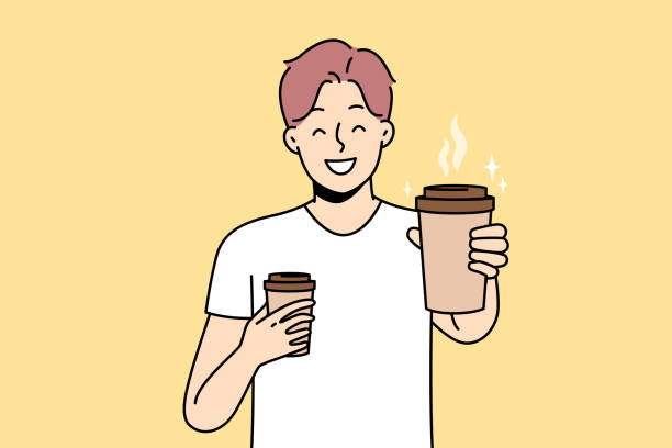 l ächelnde junge bieten kaffee in der takeaway-tasse an - kaffee getränk stock-grafiken, -clipart, -cartoons und -symbole
