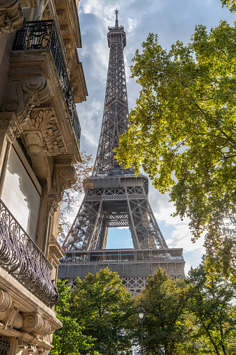 Looking up at the Eiffel Tower from Rue de l'Universite, Paris, France