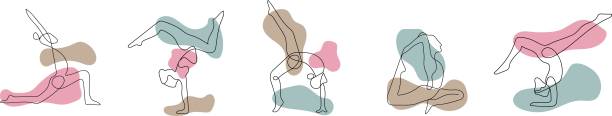 illustrations, cliparts, dessins animés et icônes de dessin au trait continu de femmes fitness yoga concept vectoriel santé illustration - stretching exercising gym silhouette