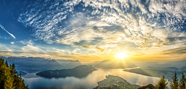 Sundown over lake Lucerne in Switzerland