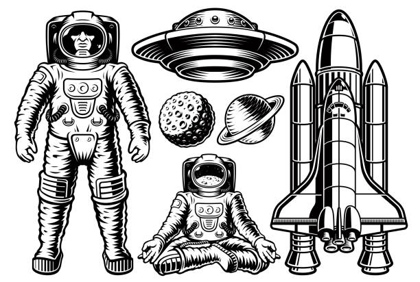 Space vector graphics set with isolated elements on white background such as astronaut, planet, flying saucer, shuttle