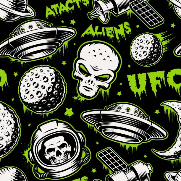 Vector illustration of Vector UFO seamless pattern with outer space design elements