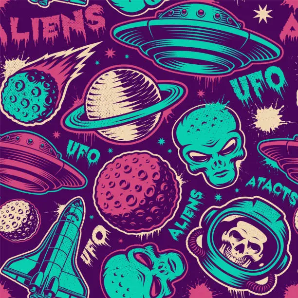 Vector illustration of UFO vector seamless background
