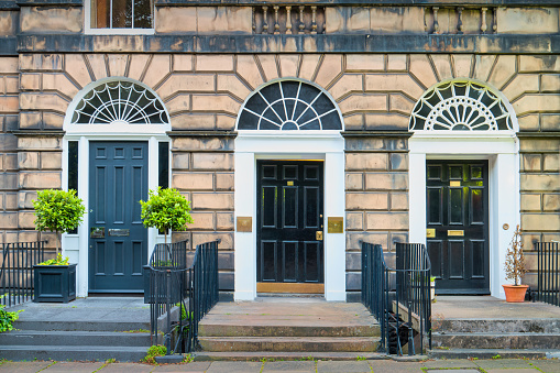 Typical townhouses and front doors in the New Town district of Edinburgh, Scotland