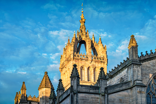 The tower of St. Giles Cathedral in Edinburgh Scotland at sunset