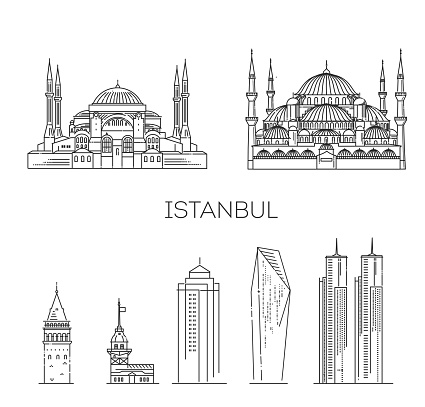 Historic buildings from the streets of Turkey, outline.