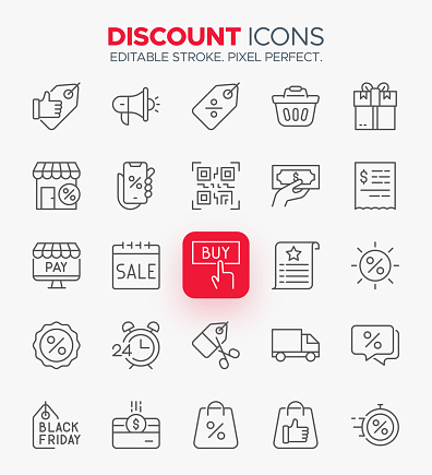 The Discount Icon Set includes a variety of symbols and graphics related to sales, promotions, and discounts. These high-quality icons are perfect for use in website design, marketing materials, and social media posts. The set includes icons such as sale tags, price tags, discount codes, and sale signs. These icons are available in multiple sizes and formats, and can be easily customized to fit your specific needs. Whether you're a business owner, marketer, or designer, these discount icons will help you effectively communicate your promotions and offers to your audience.
