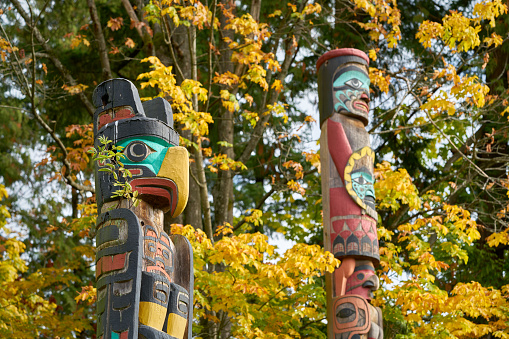 Sunshine Coast, British Columbia, Canada - February 16, 2022. District of Sechelt. First Nations totem pole, carvings by Northwest Coast First Peoples.