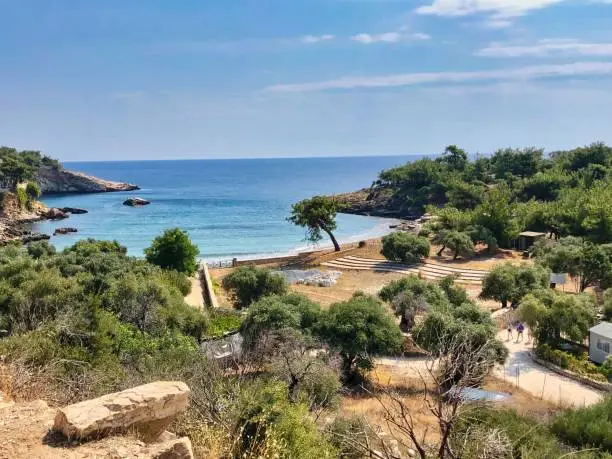 Photo of Sea view and archeological site at Alyki Beach on Thassos island in Greece.