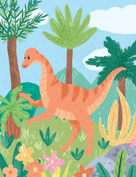 Cute Dinosaurs In The Wild Fun brightly colors Dinosaurs in their prehistoric world. These elements were hand painted and then vectorized. Each dino or plant etc is its own individual group so you can release the clipping mask and rearrange all of the elements. pachycephalosaurus stock illustrations