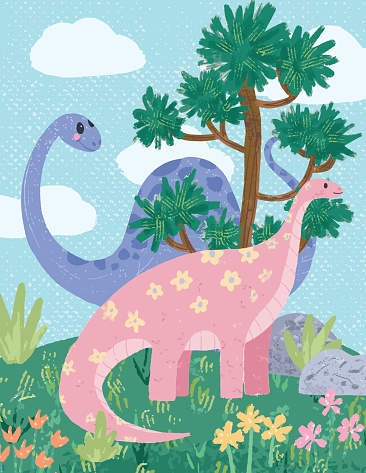 Fun brightly colors Dinosaurs in their prehistoric world. These elements were hand painted and then vectorized. Each dino or plant etc is its own individual group so you can release the clipping mask and rearrange all of the elements.