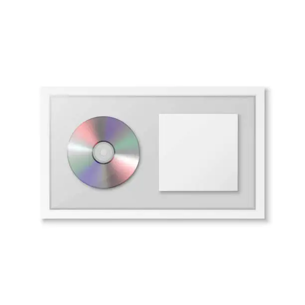 Vector illustration of Realistic Vector 3d CD, Label with White CD Cover Frame Isolated on White Background. Single Album Compact Disc Award, Limited Edition. CD Design Template