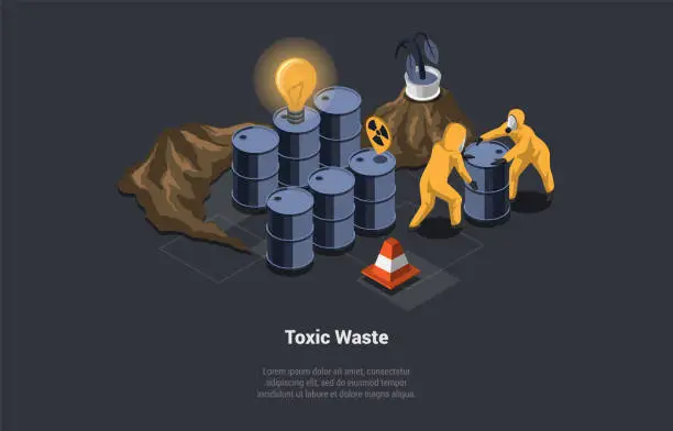 Vector illustration of Utilization of Wastes, Recycling Garbage. Workers In Workwear Utilize Barrels of Radioactive Waste. Radiation Dangerous Liquid. Problems of Ecology And Irradiation. Isometric 3d Vector Illustration