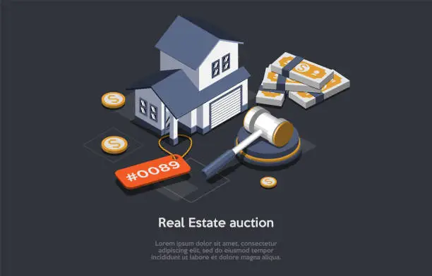 Vector illustration of Concept Of Real Estate Auction. Auction Bids Scene With Auctioneer Making Sales Announcements Of House With Garage. Residential And Commercial Property Remodeling. Isometric 3d Vector Illustration