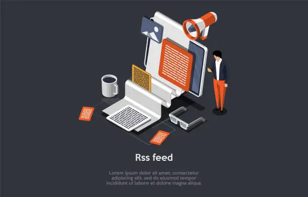 Vector illustration of RSS, RDF Site Summary or Really Simple Syndication, Web Feed Allows Users and Applications To Access Updates to Websites In a Standardized, Computer-Readable Format. Isometric 3d Vector Illustration