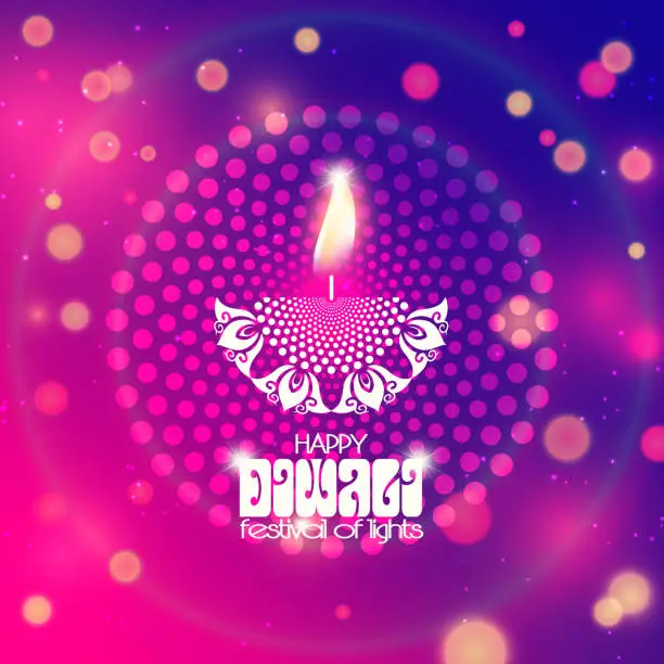 Vector illustration of Diwali holiday concept in realistic style. Stylized candlestick with a burning candle on a festive abstract color background.