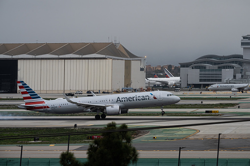 Los Angeles, CA USA - January 3, 2023: As Los Angeles braces for another powerful storm, this one referred to as a bomb cyclone, high winds cause a runway reversal at LAX.