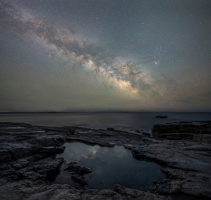 Milky Way Galaxy reflection in a tide pool along Ocean Path in Maine