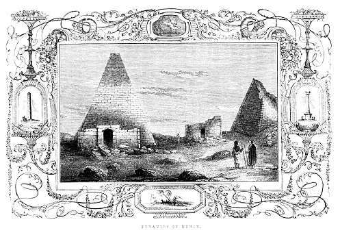 Pyramids in ancient Meroe, Sudan, Africa. Framed in Classical Hellenistic (Greek) style. Illustration published 1846. This edition is in my private collection. Copyright is in public domain. Digitally restored.