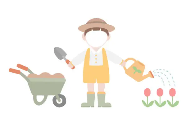 Vector illustration of Kids Working in Garden, Planting and Watering trees vector illustration.