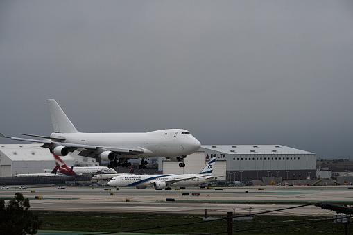 Los Angeles, CA USA - January 3, 2023: As Los Angeles braces for another powerful storm, this one referred to as a bomb cyclone, high winds cause a runway reversal at LAX.