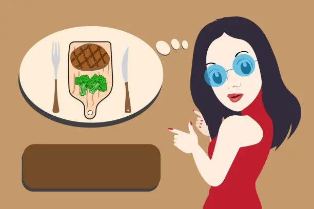 Vector illustration of woman pointing at steak plate