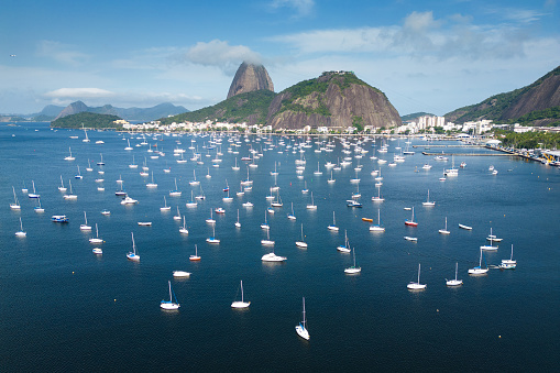 Many Small Boats in Botafogo Bay With Sugarloaf Mountain in the Horizon in Rio de Janeiro, Brazil.
