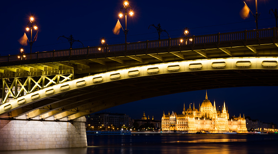 Parliament of Hungary and Margaret bridge, Budapest, night photography in long exposure