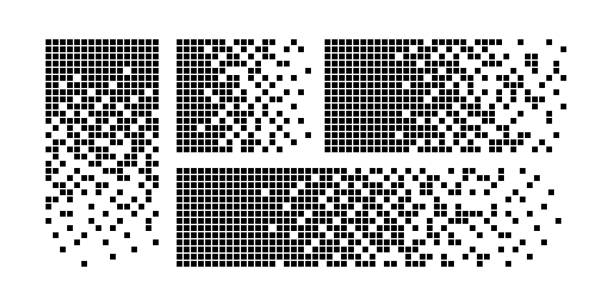 Pixel disintegration background. Halftone fragment. Dispersed dotted pattern. Concept of disintegration. Square pixel mosaic textures with square particles. Vector illustration on white background Pixel disintegration background. Halftone fragment. Dispersed dotted pattern. Concept of disintegration. Square pixel mosaic textures with square particles. Vector illustration on white background. faded condition stock illustrations