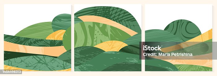 istock Green abstract agriculture field vector social media square post. Agro card template, farm presentation. Set of  layout with nature theme. Minimalist shape, agri design. Field view, texture background 1454498313