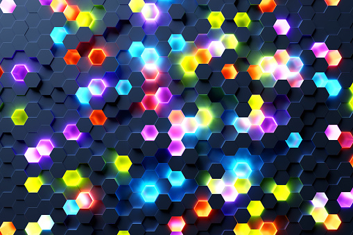 Abstract hexagonal background with depth of field effect, 3d illustration. A large number of multi-colored hexagons. Honeycomb, 3d panel.