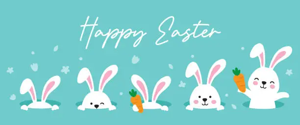 Vector illustration of Cute Spring Easter Bunny Rabbits Coming Out of the Ground Hole Vector Illustration