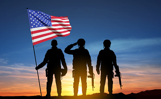 Silhouette of army soldier with USA flag. Greeting card for Veterans Day, Memorial Day, Independence Day. Armed Force concept