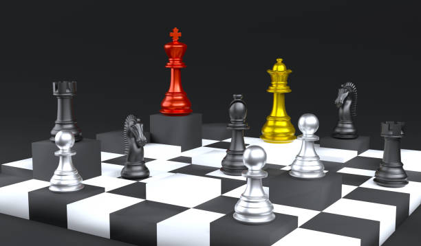 istock 3D rendering chess piece on different level block on chessboard on black background. 3D illustration different standpoint of person concept 1454505748
