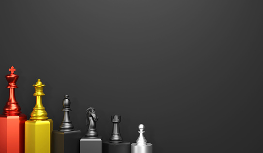 3D rendering line up of chess piece on different podium level on black background. 3D illustration chess and copy space