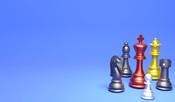 istock 3D rendering metalic chess piece on blue background. 3D illustration chess and copy space 1454505758