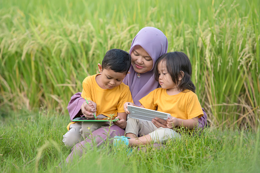 Mother and child Studying with Children's Blackboard Writing Pad in the rice field