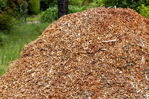 Pile of mulch in garden, background with copy space, full frame horizontal composition