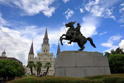 New Orleans, Louisiana State - Jul 4, 2022: The grand statues of Andrew Jackson, the seventh president of the United States from 1829 to 1837.