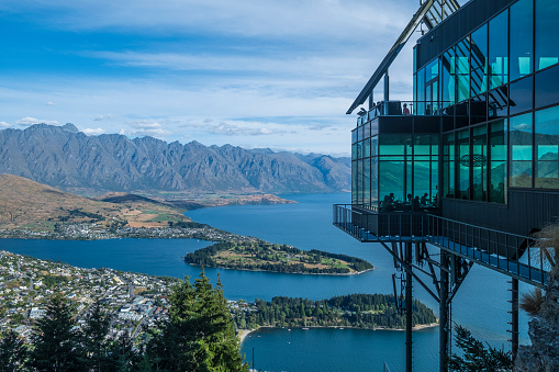 Aerial view of queenstown and lake wakatipu, taken from the top of the cable car station in queenstown, new zealand.