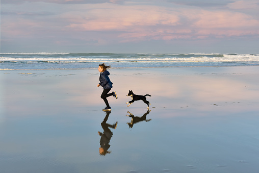 Young girl having fun with her puppy on vacation at the beach