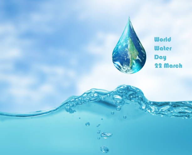 istock Earth in drop shape on  sky and water waves background,world wat 1454521885