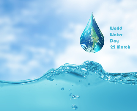 Earth in drop shape on  sky and water waves background,world water day,elements of earth image furnished by NASA.