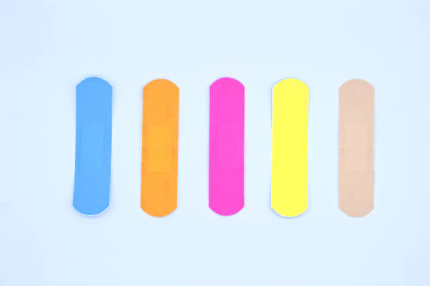 istock Multicolour adhesive bandage plasters on blue background 1454522926