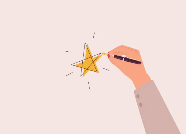 Vector illustration of Female’s Hand With Pen Drawing A Star.