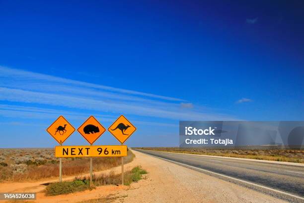 Nullar Plain The Flat Remote Part Of Australia Stock Photo - Download Image Now - Outback, Australia, Road Sign