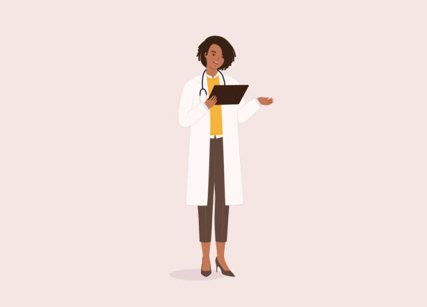 illustrations, cliparts, dessins animés et icônes de femme médecin noire utilisant une tablette numérique pour une consultation médicale. - full length illustrations